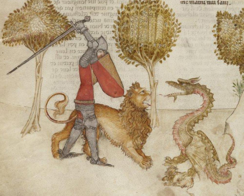 El caballero Iwain y su leĂłn, luchando contra un dragĂłn en una ilustraciĂłn proveniente de una versiĂłn italiana del Ciclo de la Vulgata
